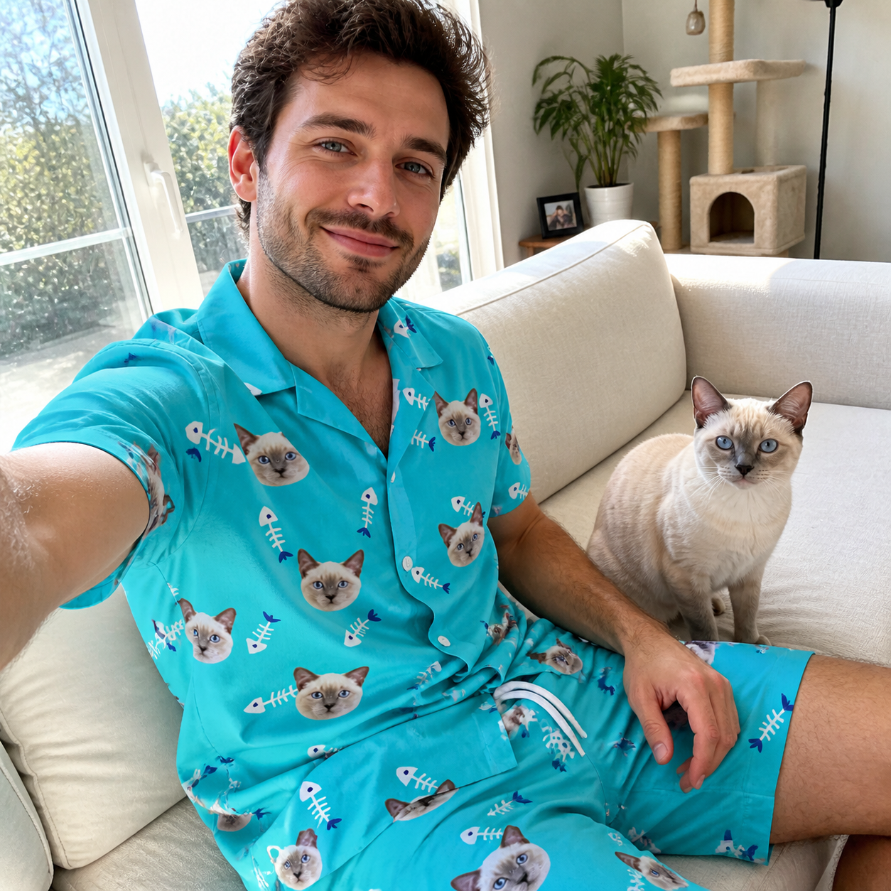 Selfie with the pet whose face is printed all over this Men's Purrfect Pisces Custom Cat Face Shirt & Shorts Set