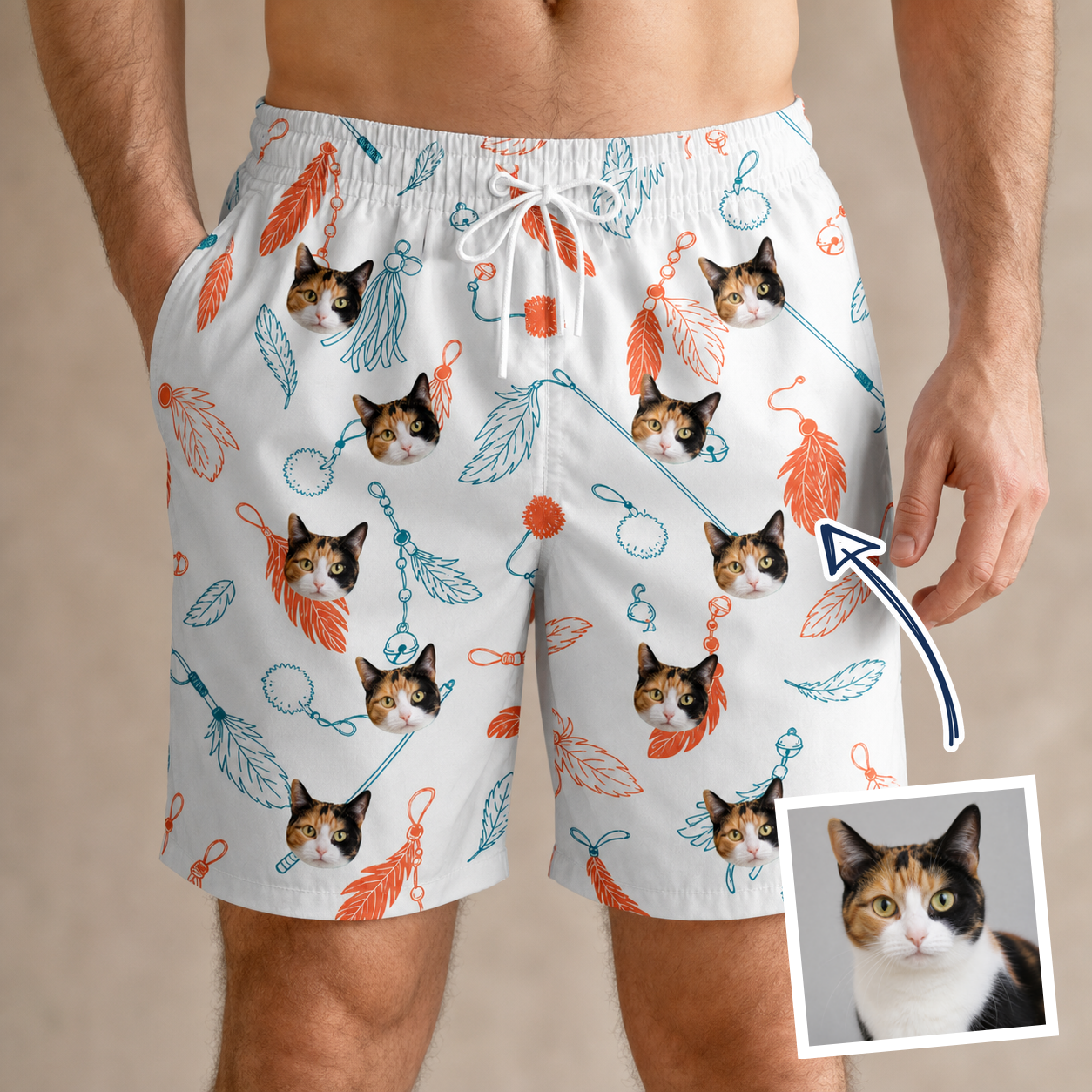 Man wearing Men's Kitty Plumes Custom Cat Face Beach Shorts — custom faces printed all-over