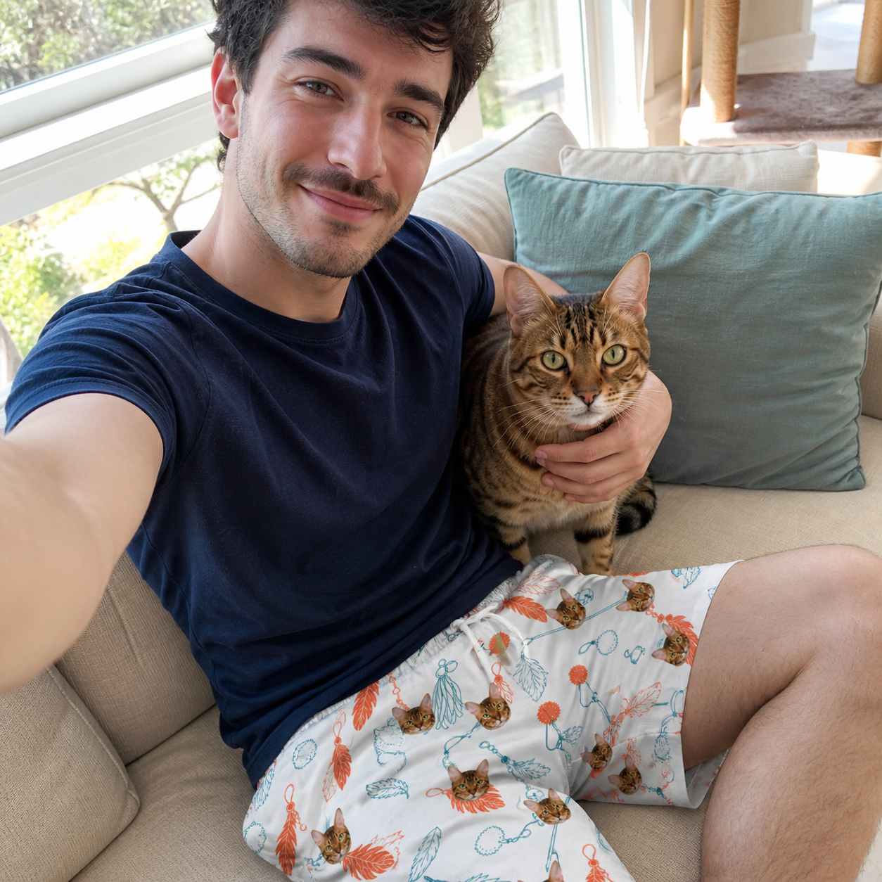 Selfie with the pet whose face is printed all over this Men's Kitty Plumes Custom Cat Face Beach Shorts