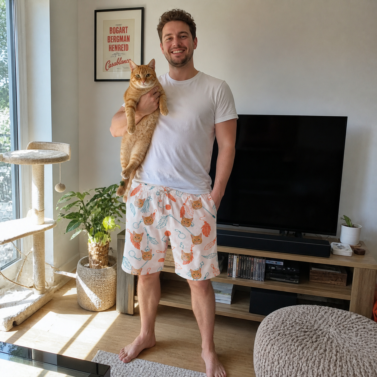 Full-length photo with the pet printed all over this Men's Kitty Plumes Custom Cat Face Beach Shorts