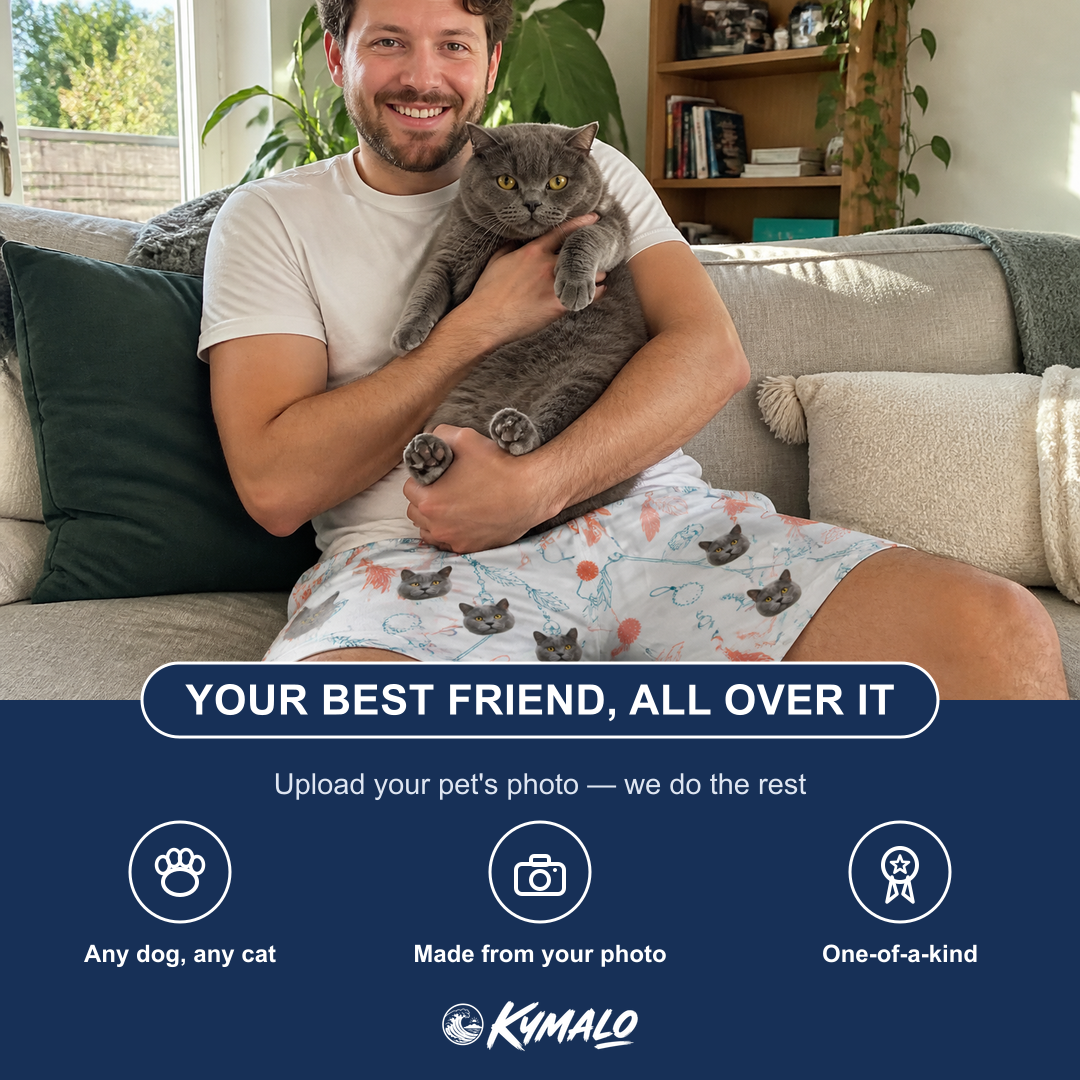 Friends in matching Men's Kitty Plumes Custom Cat Face Beach Shorts — a group gift photo