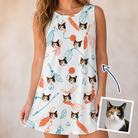 Woman wearing Women's Kitty Plumes Custom Cat Face Tank Dress — custom faces printed all-over