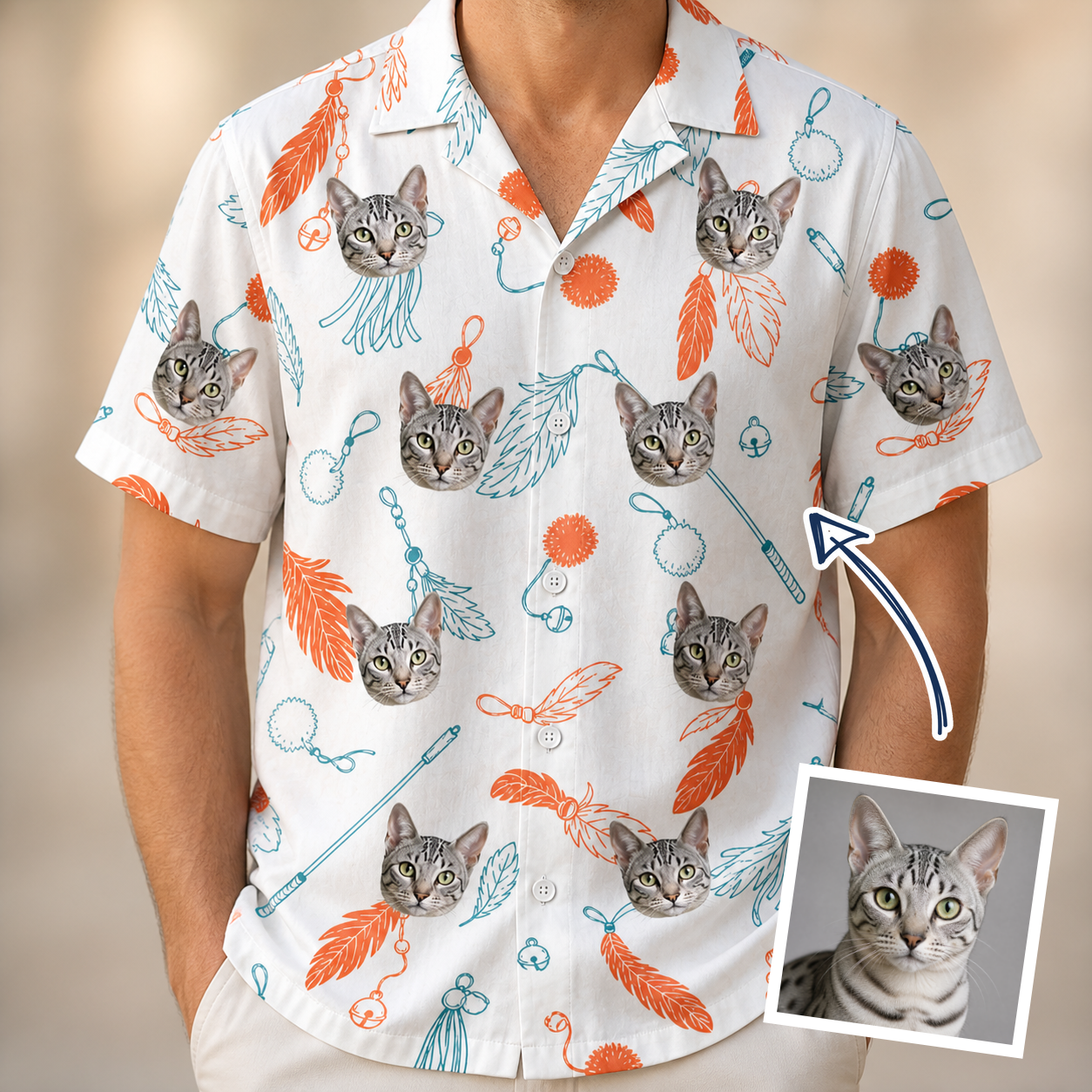 Man wearing Men's Kitty Plumes Custom Cat Face Hawaiian Shirt — custom faces printed all-over