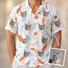Man wearing Men's Kitty Plumes Custom Cat Face Hawaiian Shirt — custom faces printed all-over