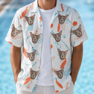 Man wearing Men's Kitty Plumes Custom Cat Face Hawaiian Shirt open over a white tee