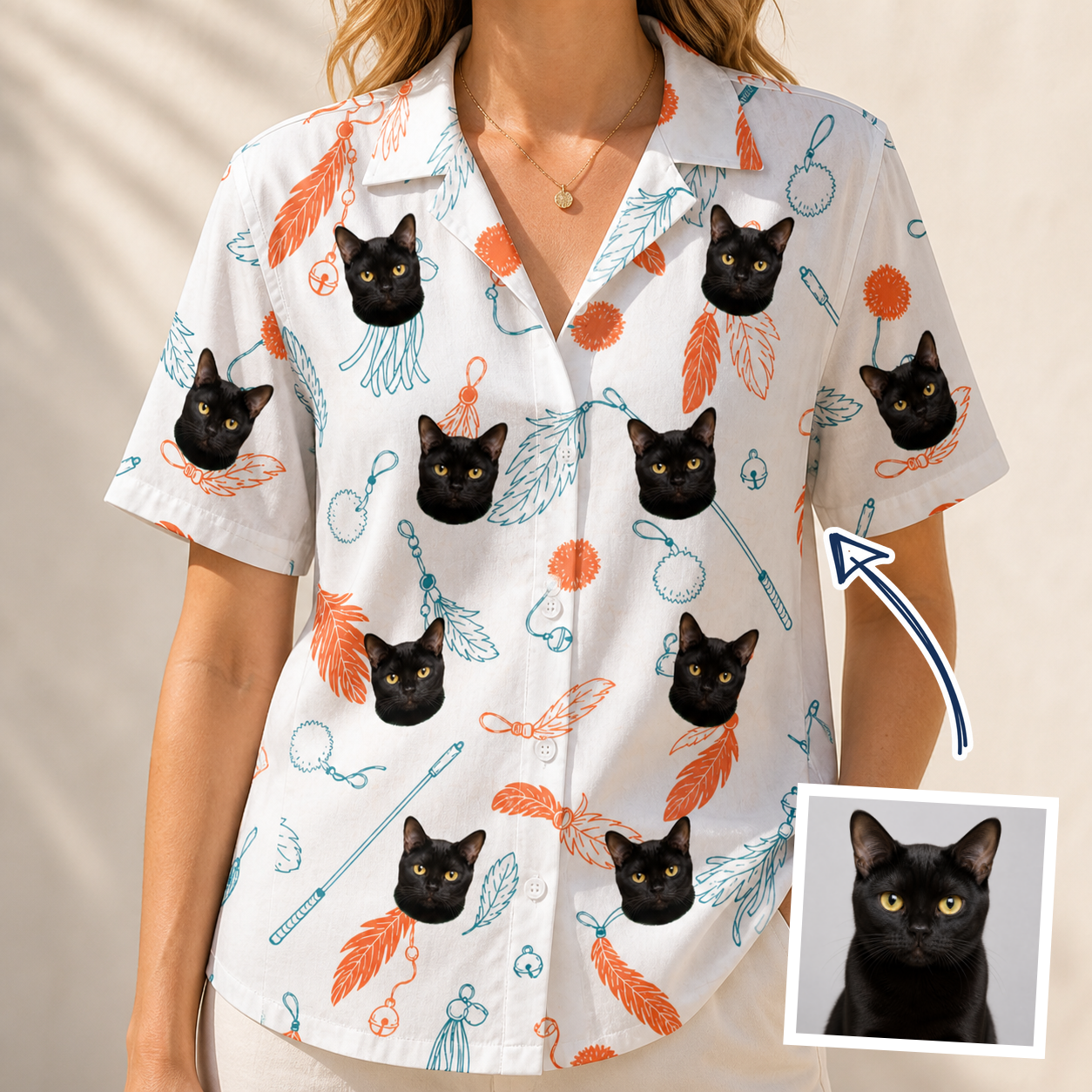 Woman wearing Women's Kitty Plumes Custom Cat Face Hawaiian Shirt — custom faces printed all-over