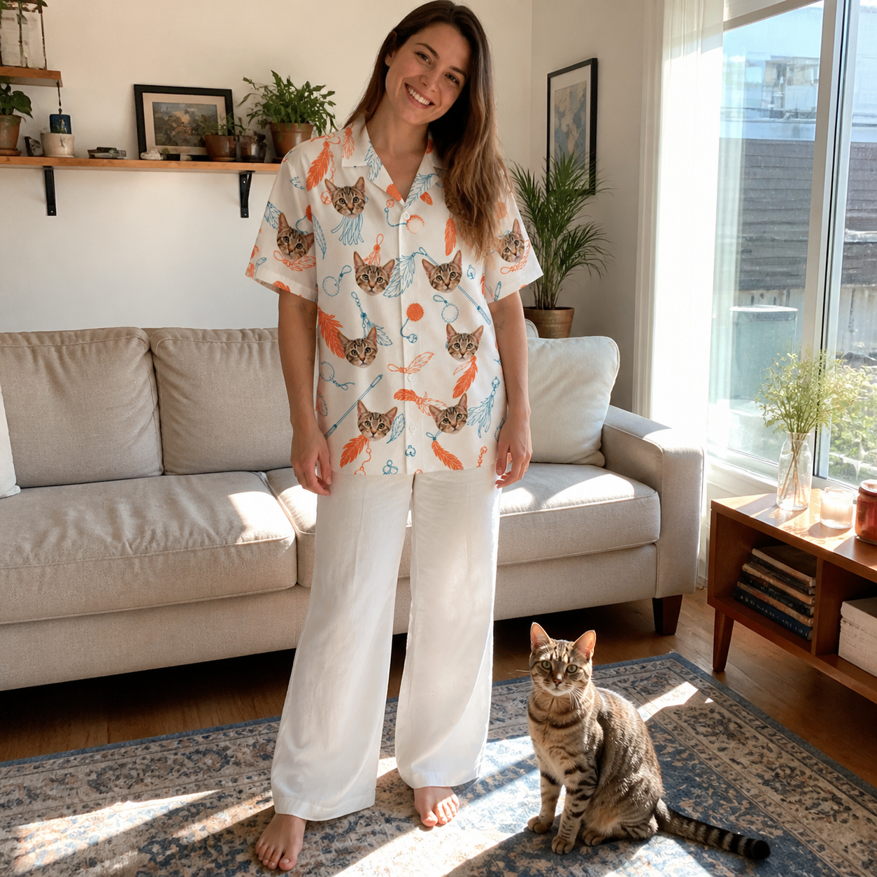 Full-length photo with the pet printed all over this Women's Kitty Plumes Custom Cat Face Hawaiian Shirt