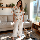 Full-length photo with the pet printed all over this Women's Kitty Plumes Custom Cat Face Hawaiian Shirt
