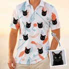 Man wearing Men's Kitty Plumes Custom Cat Face Polo Shirt — custom faces printed all-over