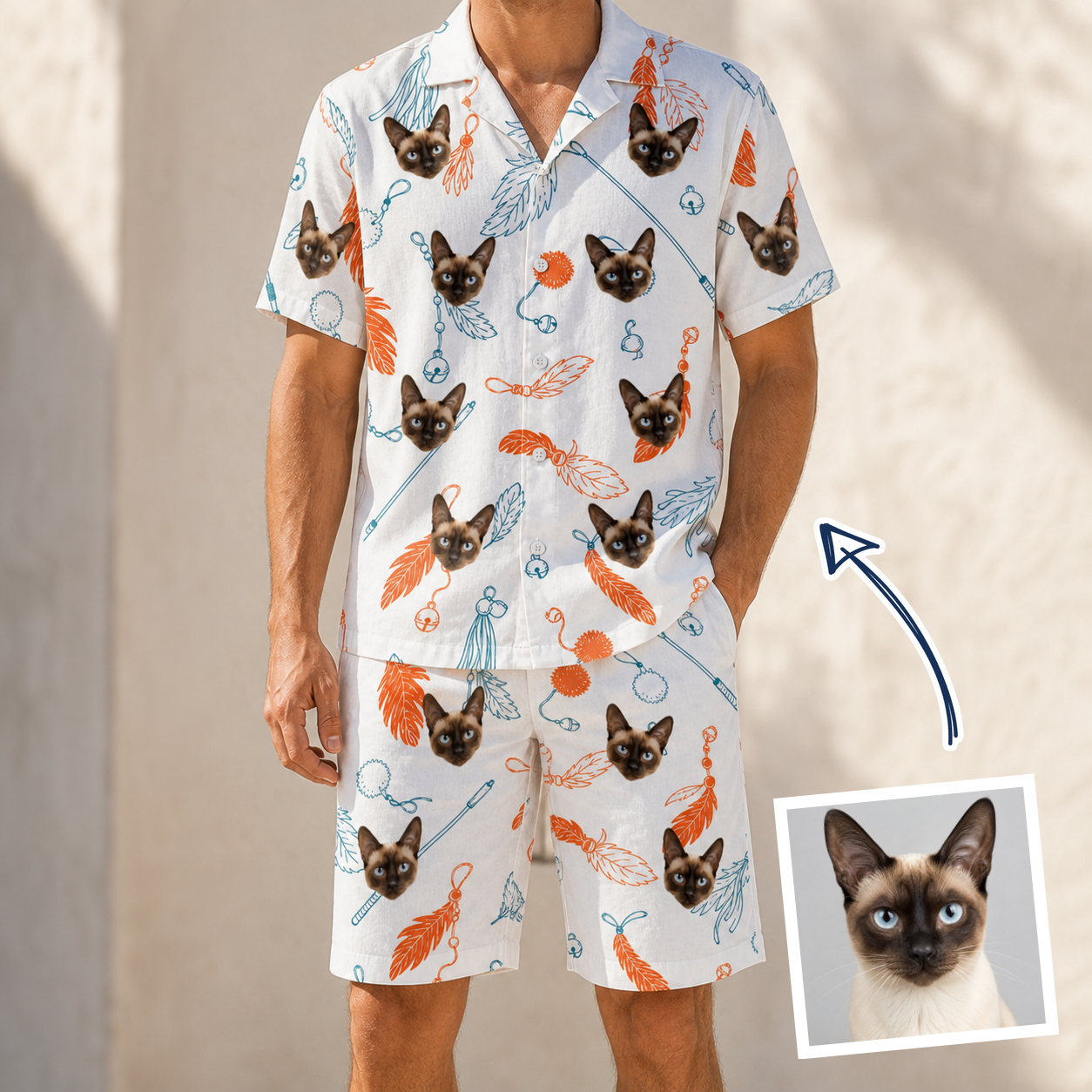 Man wearing Men's Kitty Plumes Custom Cat Face Shirt & Shorts Set — custom faces printed all-over