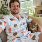 Selfie with the pet whose face is printed all over this Men's Kitty Plumes Custom Cat Face Shirt & Shorts Set