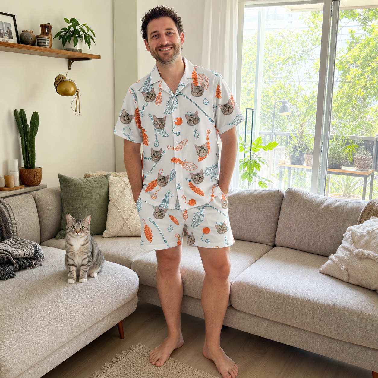 Full-length photo with the pet printed all over this Men's Kitty Plumes Custom Cat Face Shirt & Shorts Set