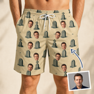 Man wearing Men's Die Laughing Custom Face Beach Shorts — custom faces printed all-over