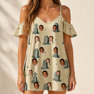 Model wearing Women's Die Laughing Custom Face Off-Shoulder Dress printed with kids' faces