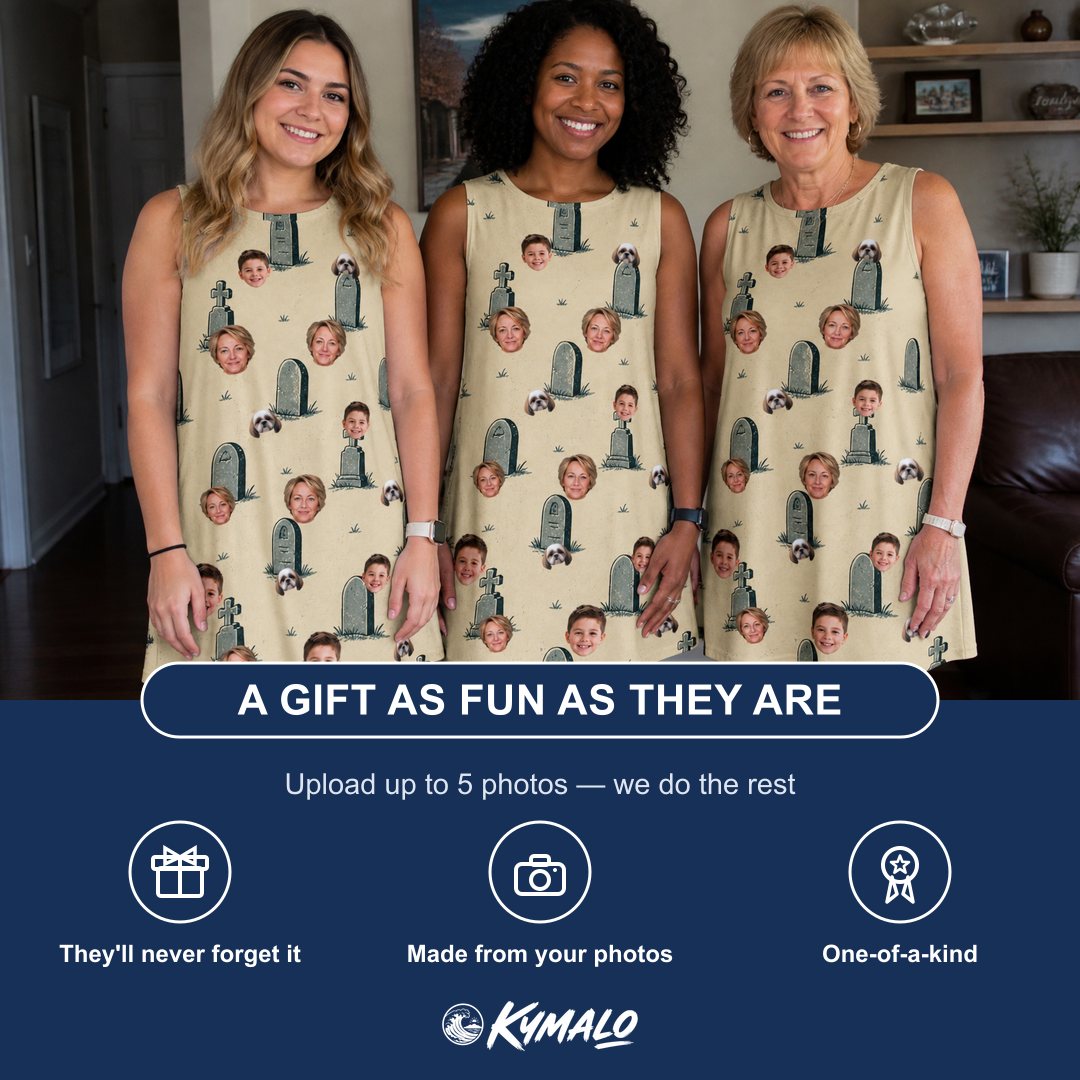 Friends in matching Women's Die Laughing Custom Face Tank Dress — a group gift photo