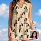 Woman wearing Women's Die Laughing Custom Face V-Neck Dress — custom faces printed all-over