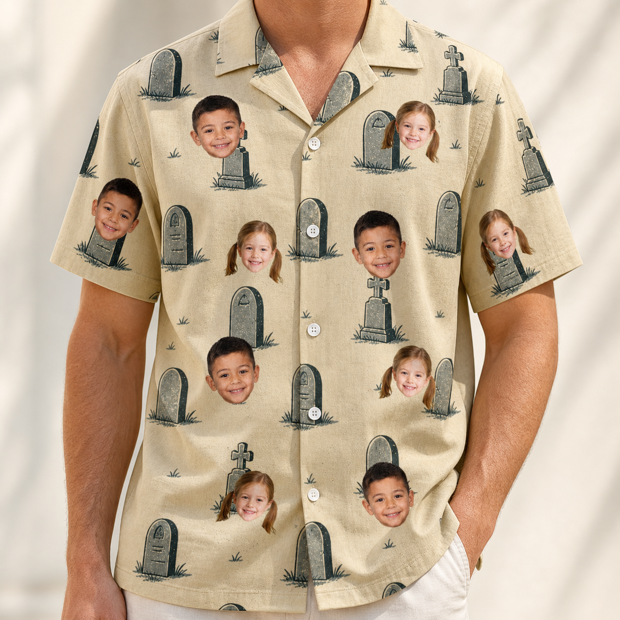 Model wearing Men's Die Laughing Custom Face Hawaiian Shirt printed with kids' faces