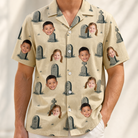 Model wearing Men's Die Laughing Custom Face Hawaiian Shirt printed with kids' faces