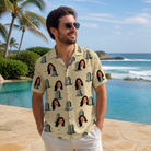 Real-life photo of someone wearing Men's Die Laughing Custom Face Hawaiian Shirt — custom faces printed all-over