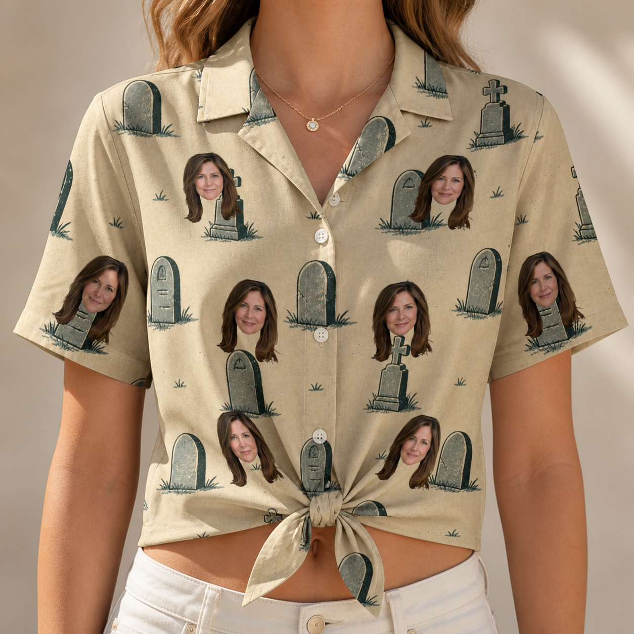 Woman wearing Women's Die Laughing Custom Face Hawaiian Shirt tied at the waist