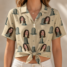 Woman wearing Women's Die Laughing Custom Face Hawaiian Shirt tied at the waist