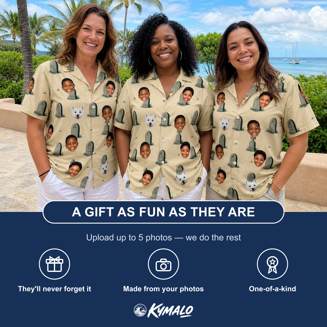 Friends in matching Women's Die Laughing Custom Face Hawaiian Shirt — a group gift photo