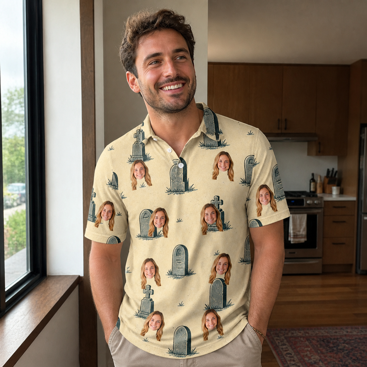 Real-life photo of someone wearing Men's Die Laughing Custom Face Polo Shirt — custom faces printed all-over