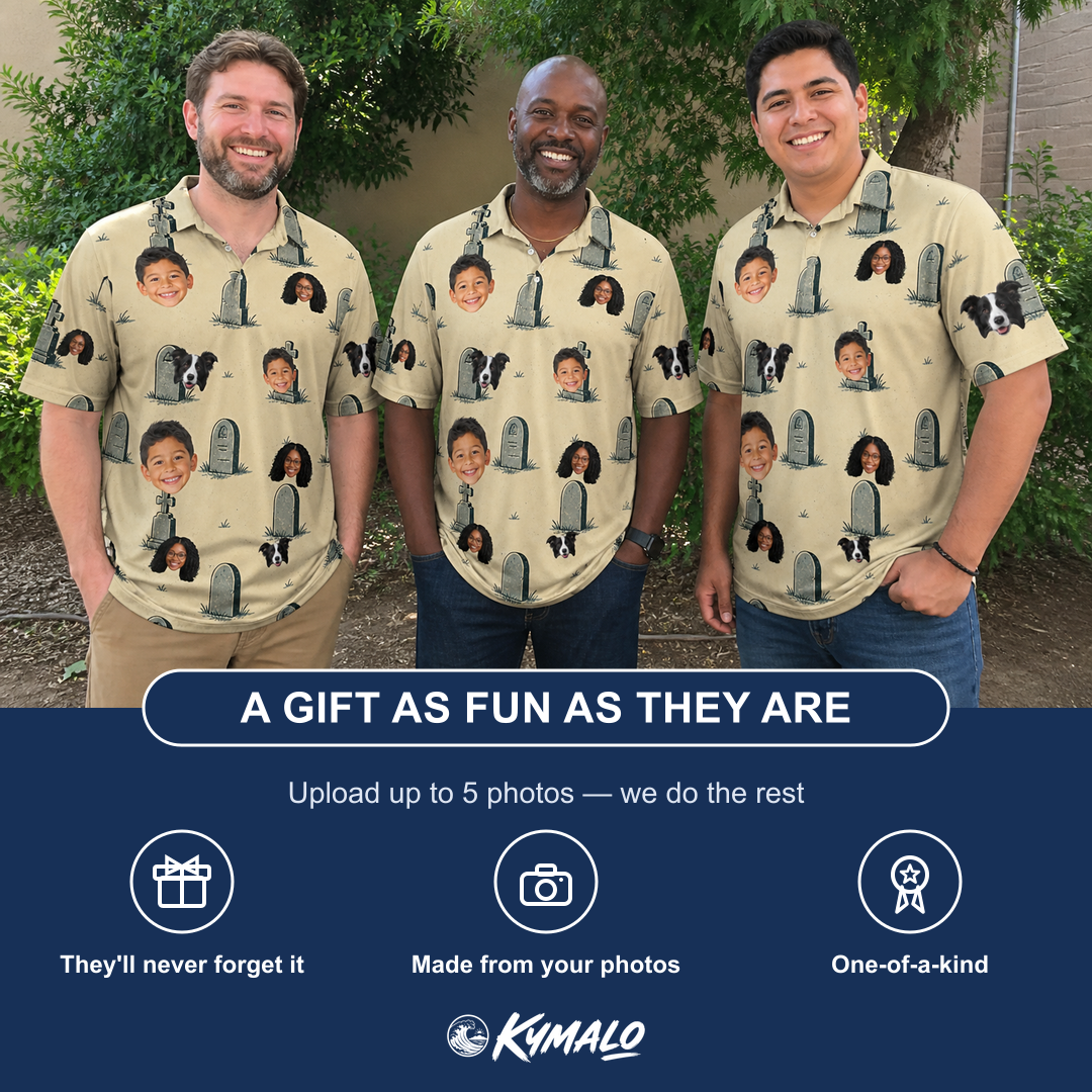 Friends in matching Men's Die Laughing Custom Face Polo Shirt — a group gift photo