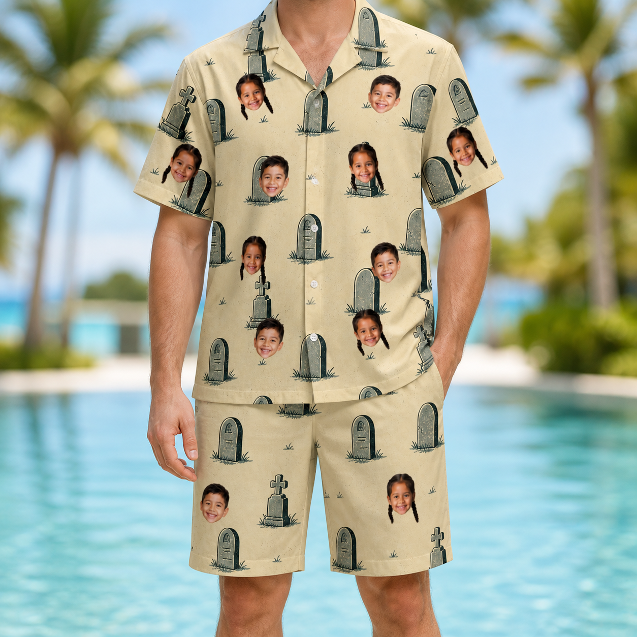 Model wearing Men's Die Laughing Custom Face Shirt & Shorts Set printed with kids' faces