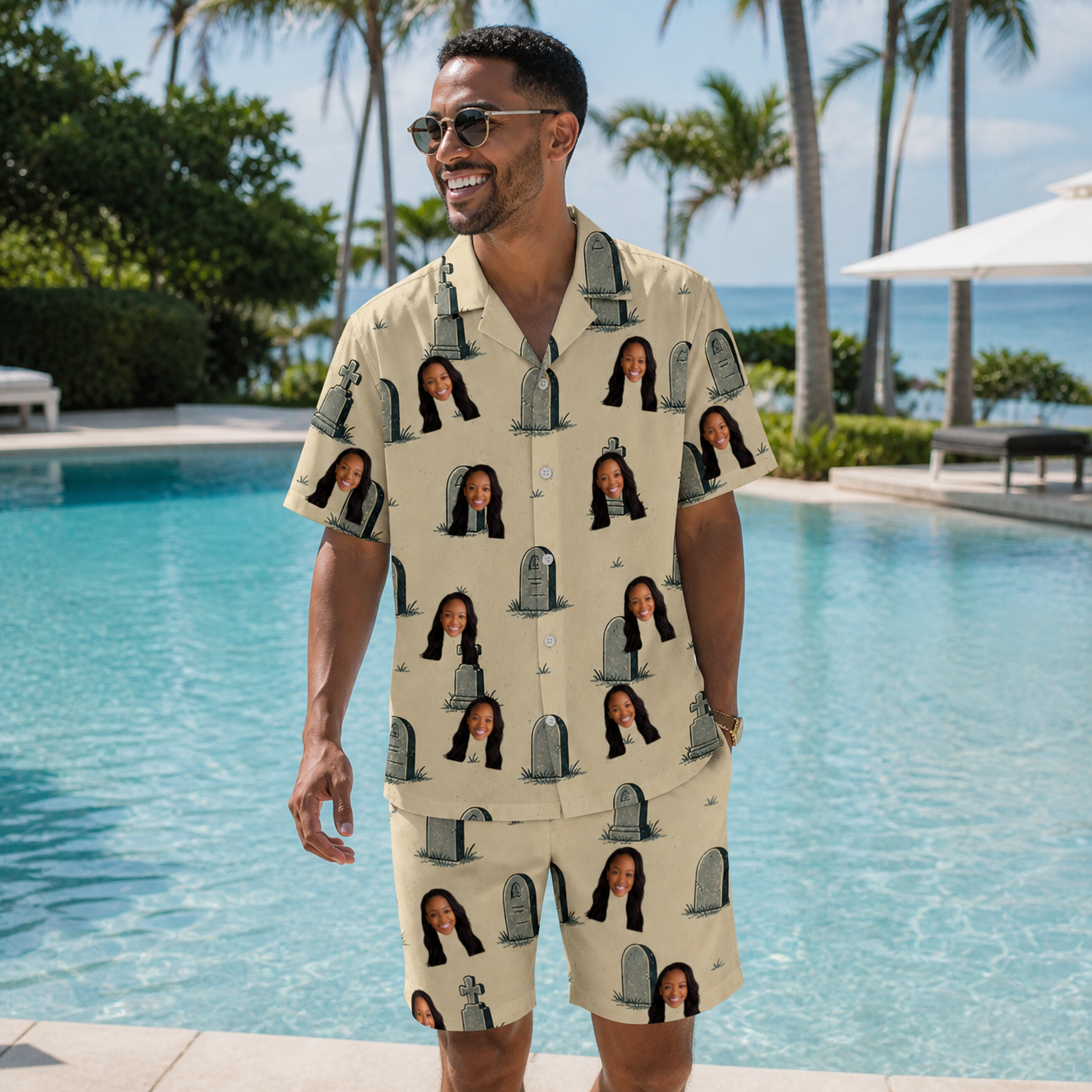 Real-life photo of someone wearing Men's Die Laughing Custom Face Shirt & Shorts Set — custom faces printed all-over