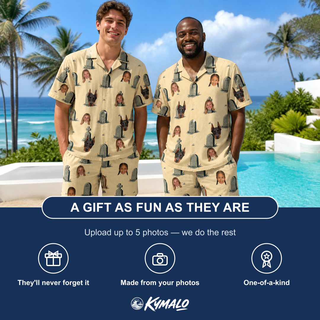 Friends in matching Men's Die Laughing Custom Face Shirt & Shorts Set — a group gift photo
