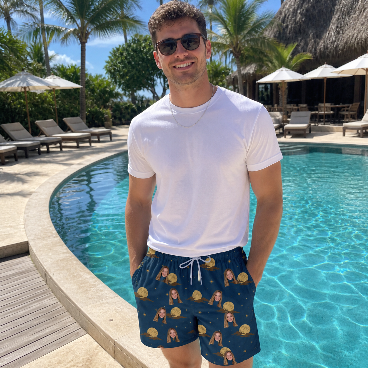 Real-life photo of someone wearing Men's Lunar Laughs Custom Face Beach Shorts — custom faces printed all-over