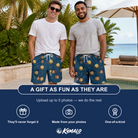 Friends in matching Men's Lunar Laughs Custom Face Beach Shorts — a group gift photo