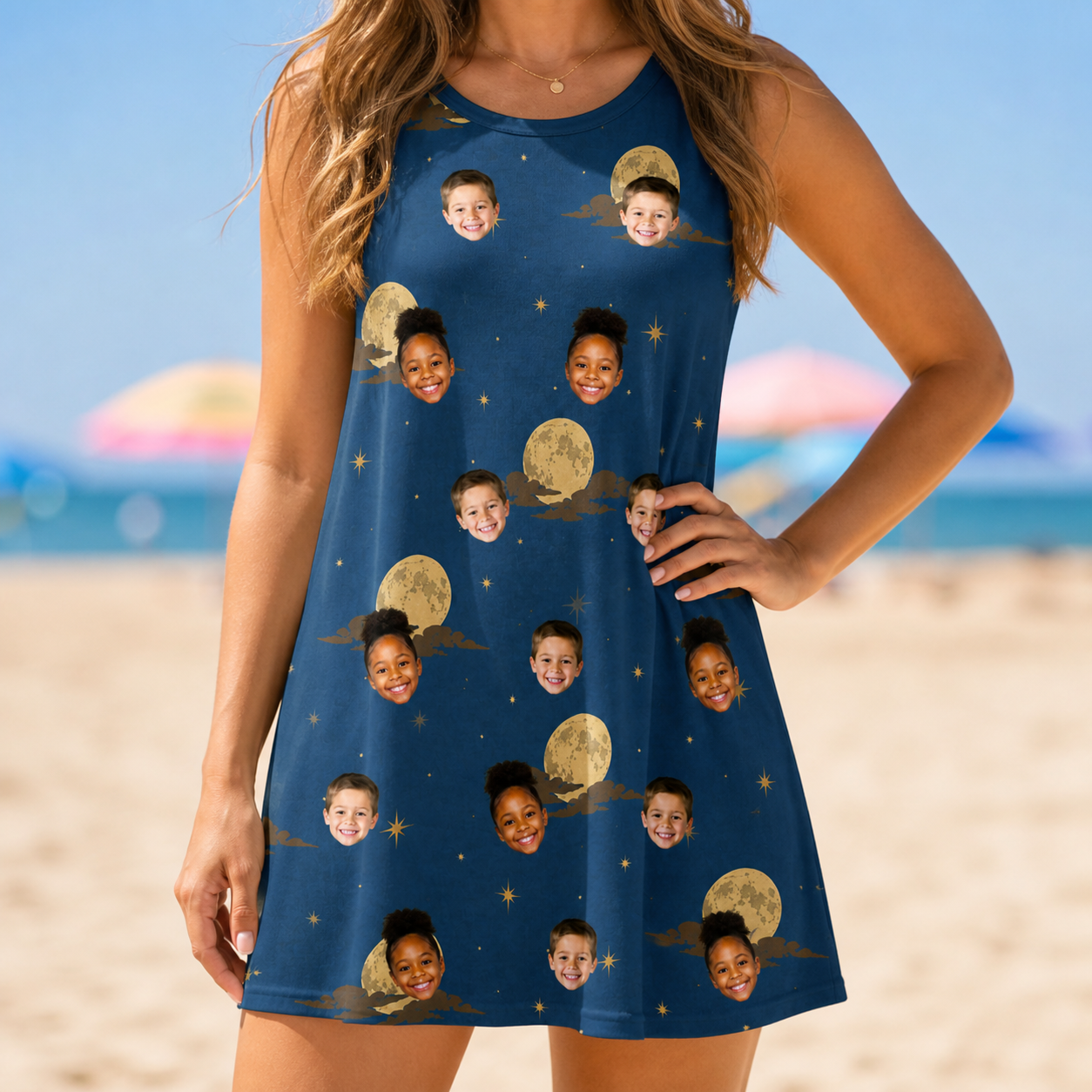 Model wearing Women's Lunar Laughs Custom Face Tank Dress printed with kids' faces