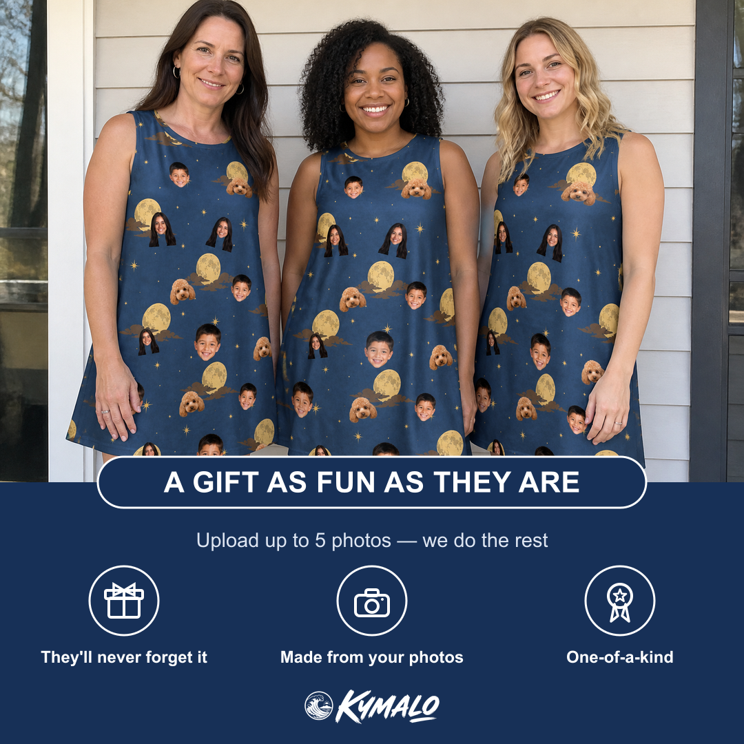 Friends in matching Women's Lunar Laughs Custom Face Tank Dress — a group gift photo