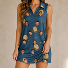 Model wearing Women's Lunar Laughs Custom Face V-Neck Dress printed with kids' faces