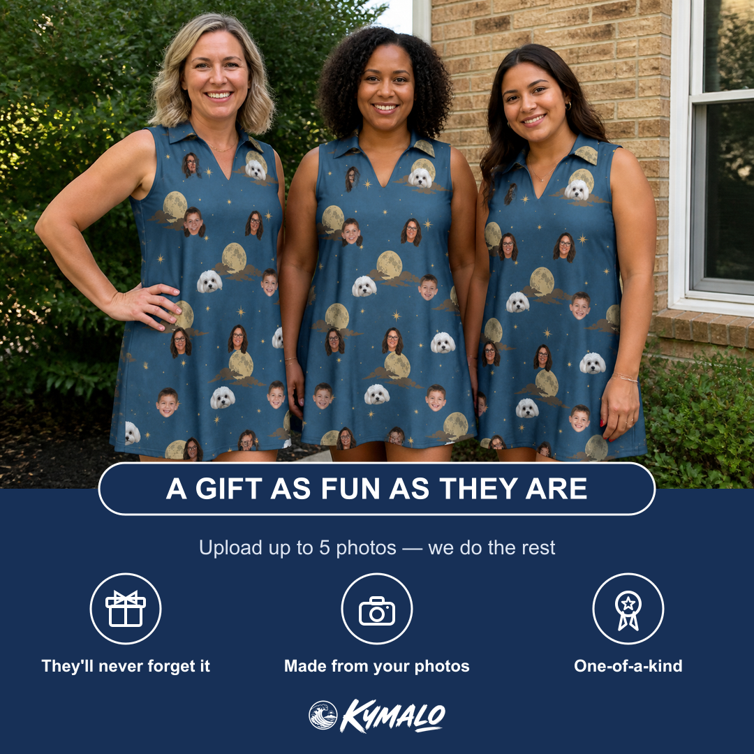 Friends in matching Women's Lunar Laughs Custom Face V-Neck Dress — a group gift photo