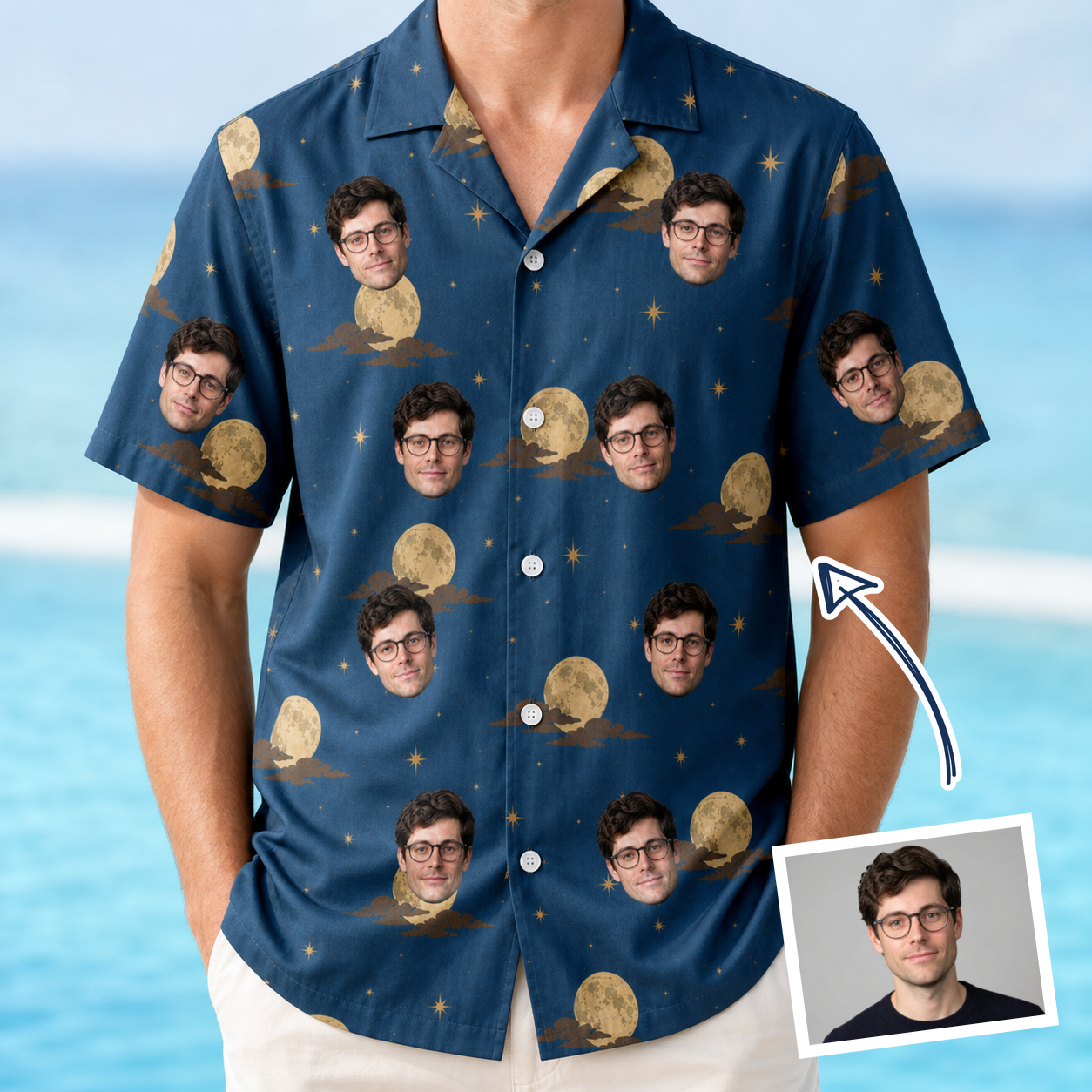 Man wearing Men's Lunar Laughs Custom Face Hawaiian Shirt — custom faces printed all-over