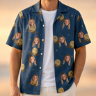 Man wearing Men's Lunar Laughs Custom Face Hawaiian Shirt open over a white tee