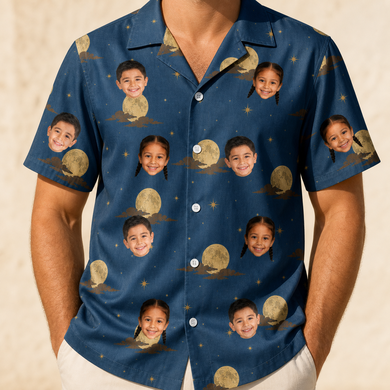 Model wearing Men's Lunar Laughs Custom Face Hawaiian Shirt printed with kids' faces