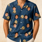 Model wearing Men's Lunar Laughs Custom Face Hawaiian Shirt printed with kids' faces