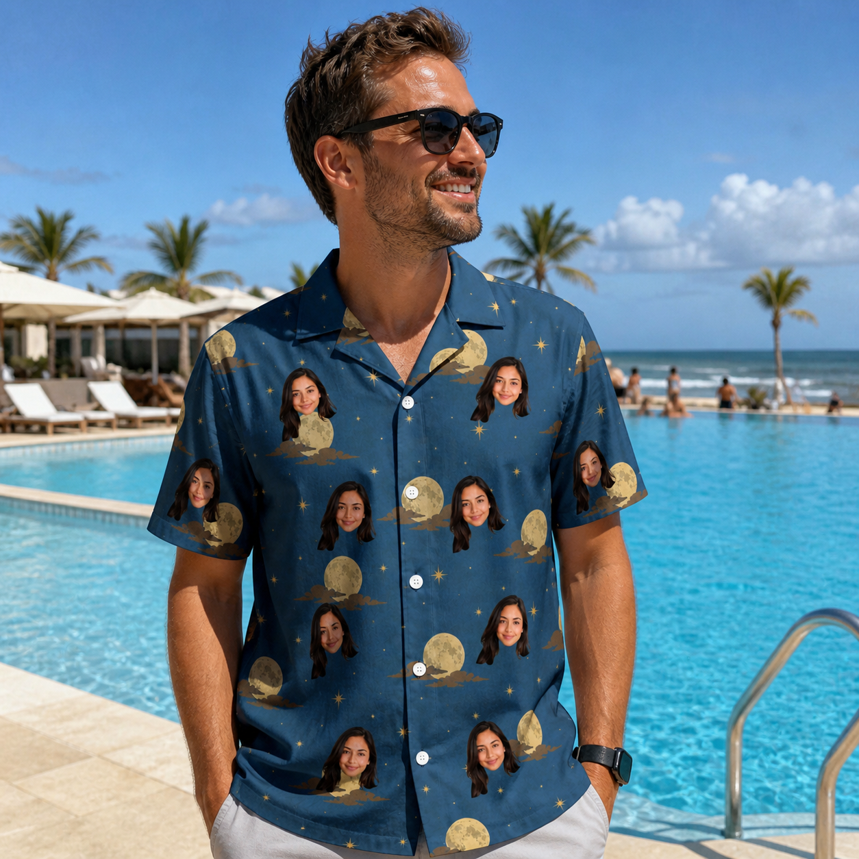 Real-life photo of someone wearing Men's Lunar Laughs Custom Face Hawaiian Shirt — custom faces printed all-over