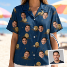 Woman wearing Women's Lunar Laughs Custom Face Hawaiian Shirt — custom faces printed all-over