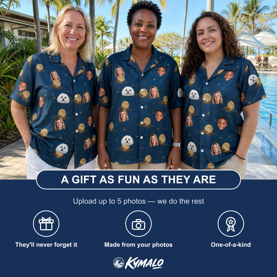 Friends in matching Women's Lunar Laughs Custom Face Hawaiian Shirt — a group gift photo