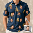 Man wearing Men's Lunar Laughs Custom Face Polo Shirt — custom faces printed all-over