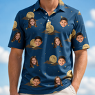 Model wearing Men's Lunar Laughs Custom Face Polo Shirt printed with kids' faces