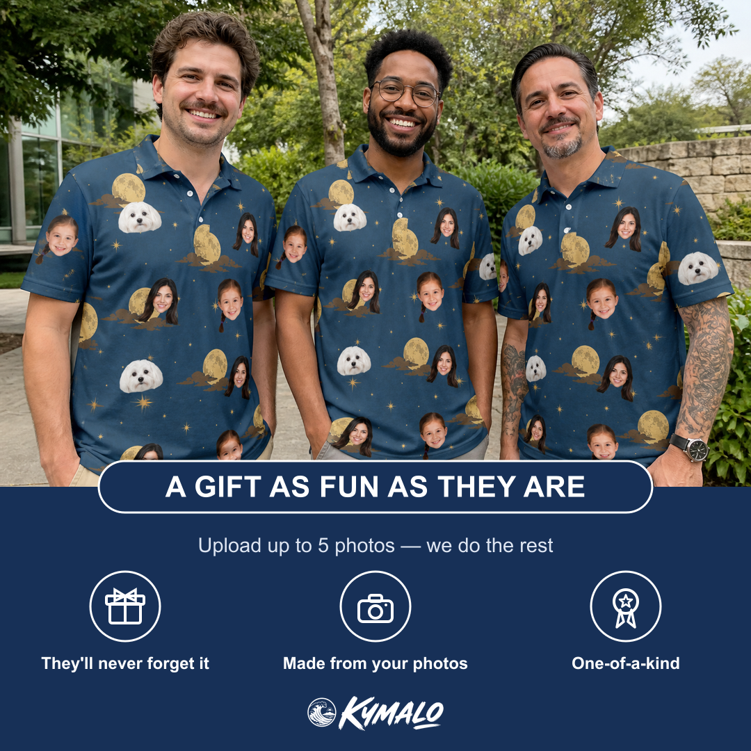 Friends in matching Men's Lunar Laughs Custom Face Polo Shirt — a group gift photo