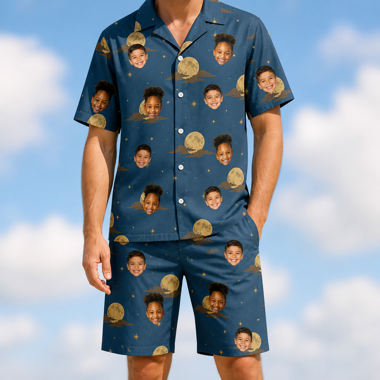 Model wearing Men's Lunar Laughs Custom Face Shirt & Shorts Set printed with kids' faces
