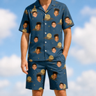 Model wearing Men's Lunar Laughs Custom Face Shirt & Shorts Set printed with kids' faces