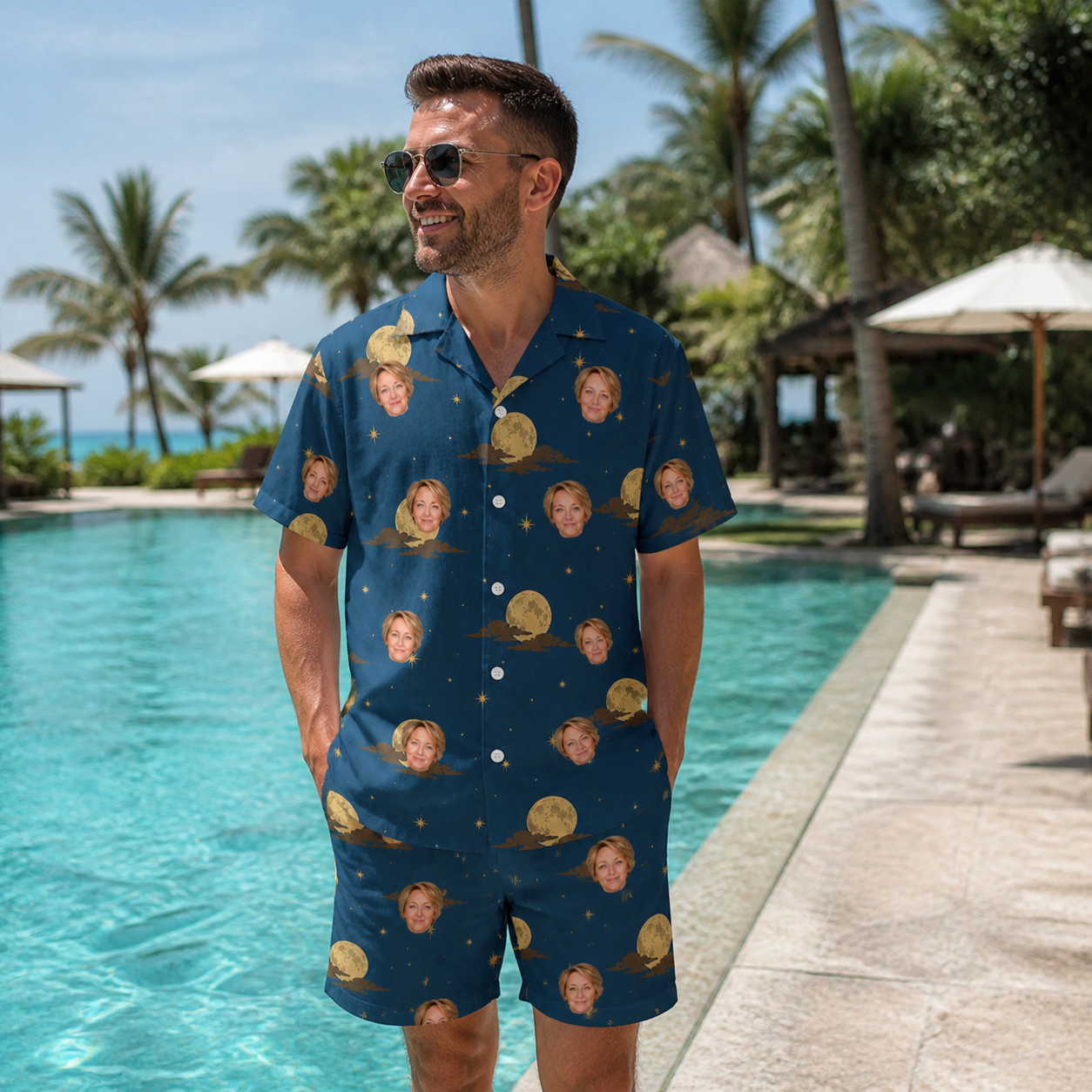 Real-life photo of someone wearing Men's Lunar Laughs Custom Face Shirt & Shorts Set — custom faces printed all-over